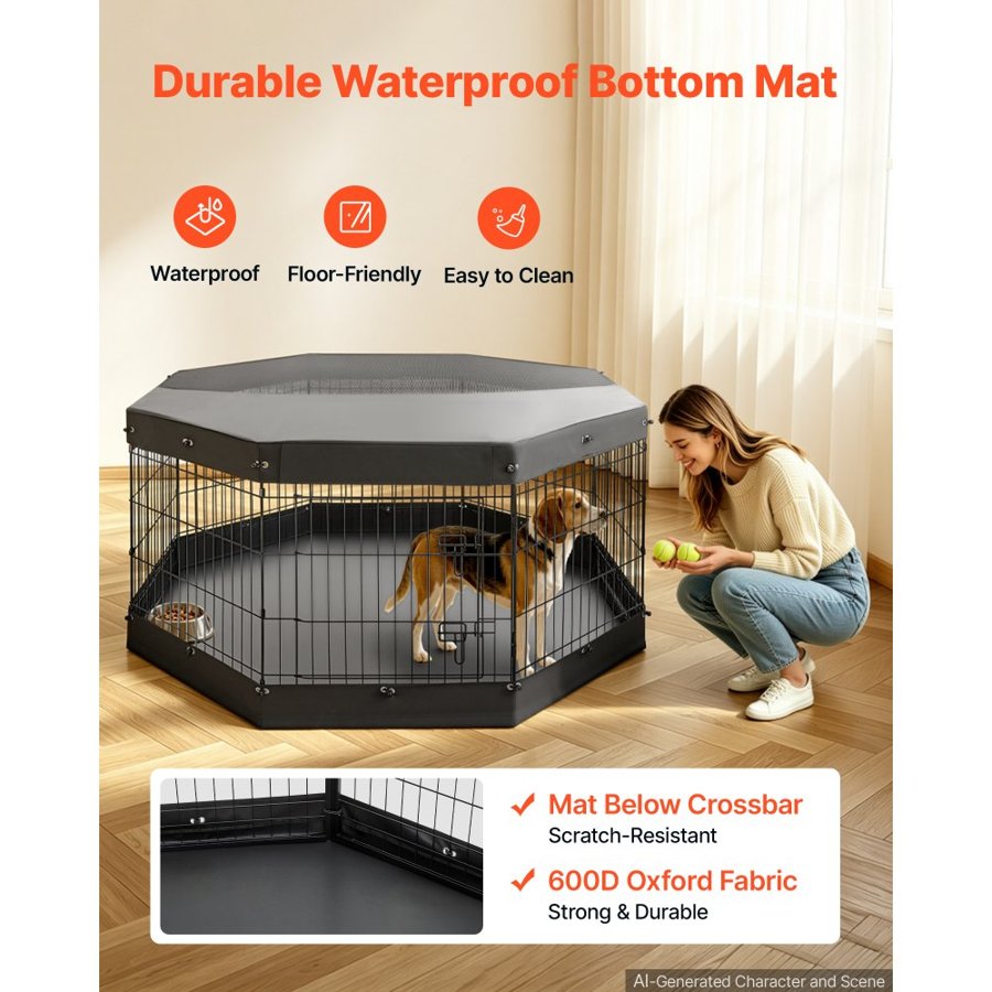VEVOR Dog Playpen 76 cm 8 Panels Exercise Pen with Top Cover & Bottom Pad, Indoor Foldable Metal Pet Fence with Door, Heavy Duty Puppy Crate Kennel Pen for Dogs, Cats, and Other Small Animals, Black