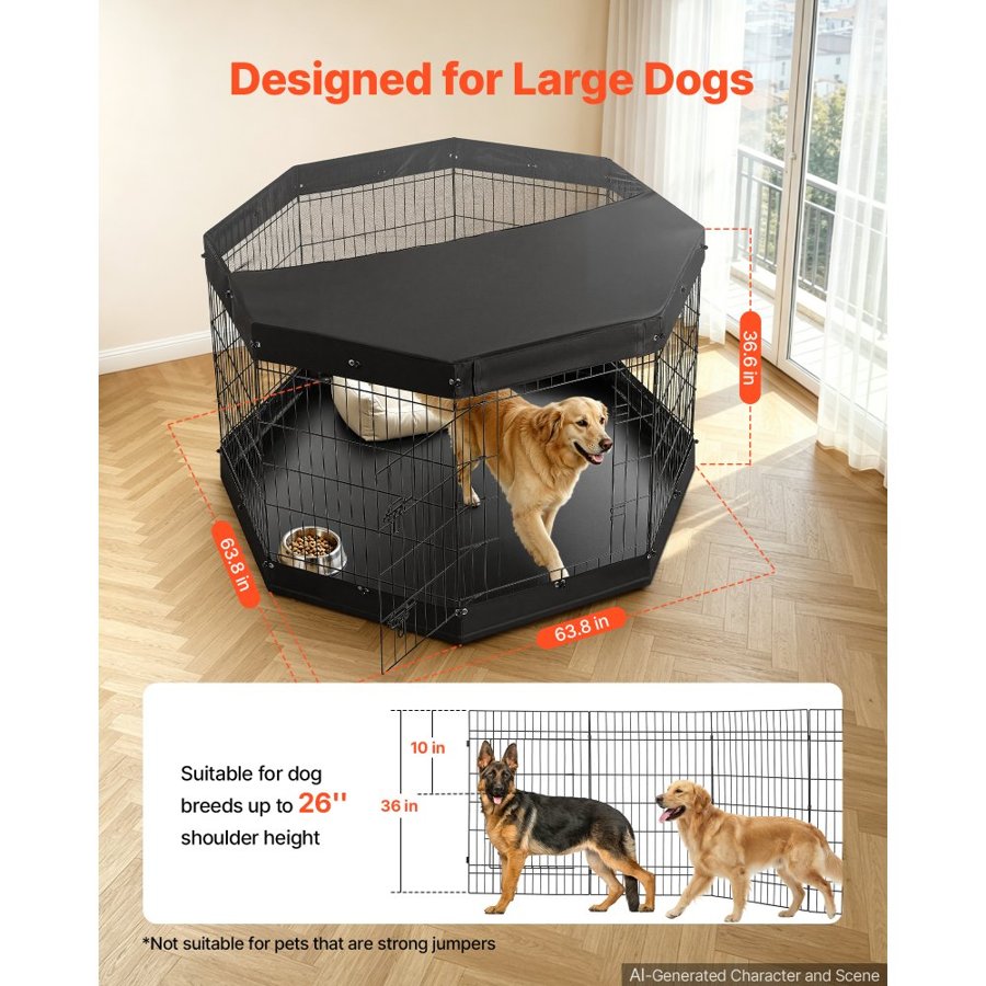 VEVOR Dog Playpen 91 cm 8 Panels Exercise Pen with Top Cover & Bottom Pad, Indoor Foldable Metal Pet Fence with Door, Heavy Duty Puppy Crate Kennel Pen for Dogs, Cats, and Other Small Animals, Black