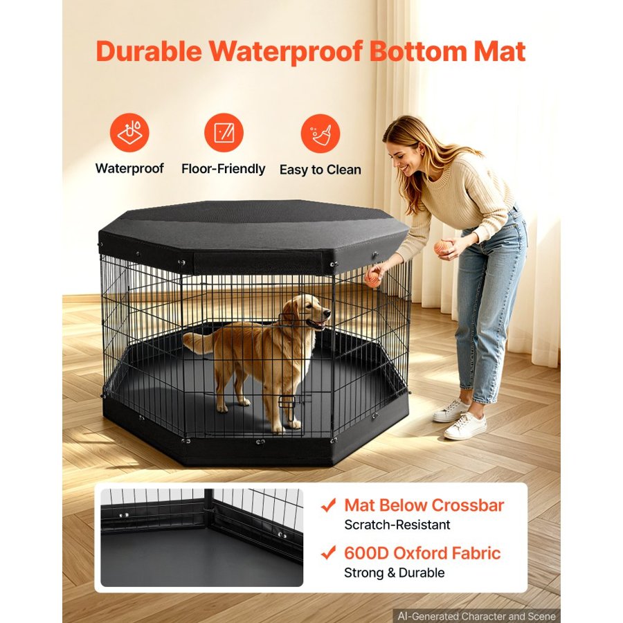 VEVOR Dog Playpen 91 cm 8 Panels Exercise Pen with Top Cover & Bottom Pad, Indoor Foldable Metal Pet Fence with Door, Heavy Duty Puppy Crate Kennel Pen for Dogs, Cats, and Other Small Animals, Black