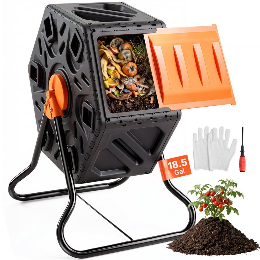 VEVOR Compost Bin, 70 L Small Composting Tumbler, Compact Single Rotating Chamber with Sliding Door and Steel Frame, BPA Free Composter Bin Tumbler for Garden, Kitchen, Yard, Outdoor