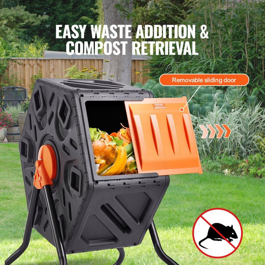 VEVOR Compost Bin, 70 L Small Composting Tumbler, Compact Single Rotating Chamber with Sliding Door and Steel Frame, BPA Free Composter Bin Tumbler for Garden, Kitchen, Yard, Outdoor