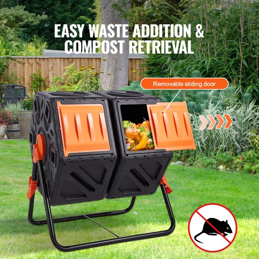 VEVOR Compost Bin, 140.1L Dual Chamber Composting Tumbler, High Volume Two Rotating Chambers with 2 Sliding Door and Steel Frame, BPA Free Composter Bin Tumbler for Garden, Kitchen, Yard, Outdoor