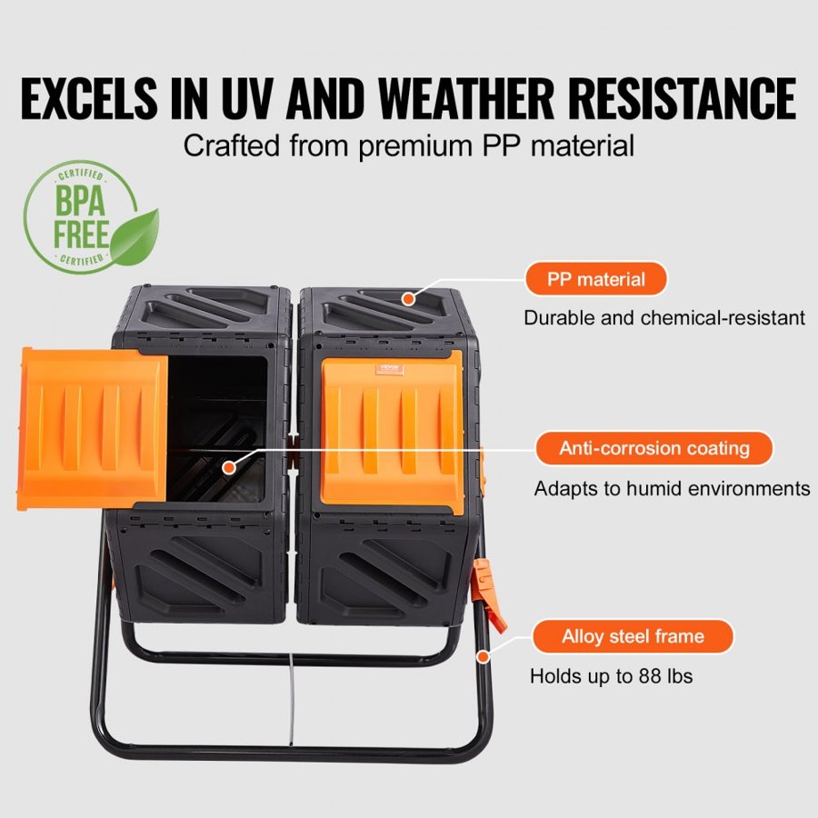 VEVOR Compost Bin, 140.1L Dual Chamber Composting Tumbler, High Volume Two Rotating Chambers with 2 Sliding Door and Steel Frame, BPA Free Composter Bin Tumbler for Garden, Kitchen, Yard, Outdoor