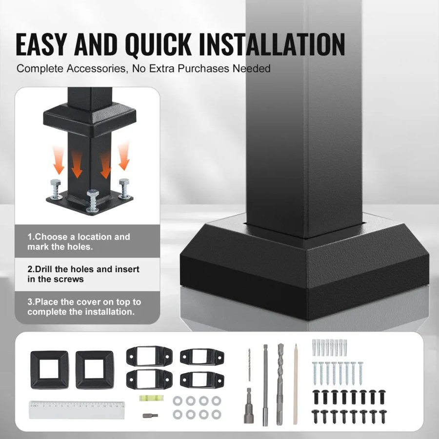 VEVOR Handrails for Outdoor Steps, 4-5 Step Stair Hand Rail Kit, Transitional Carbon Steel Railings with Installation Kit, Stair Rails for Seniors, Concrete Steps & Porch & Deck, Black Square Tube