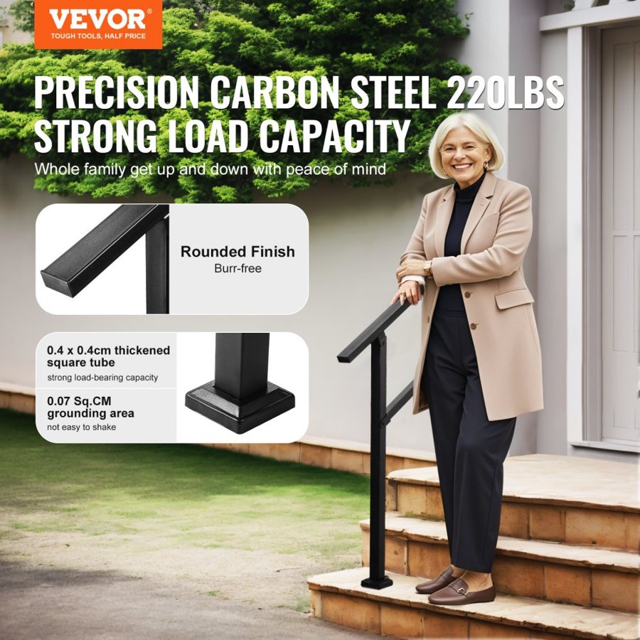 VEVOR Square Tube Handrail – 2-3 Step, 200-220 lb, 0°-40°