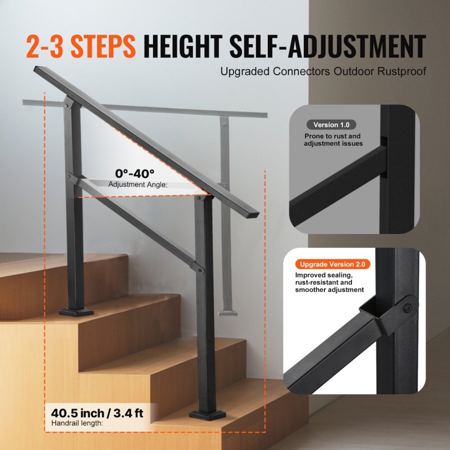 VEVOR Square Tube Handrail – 2-3 Step, 200-220 lb, 0°-40°