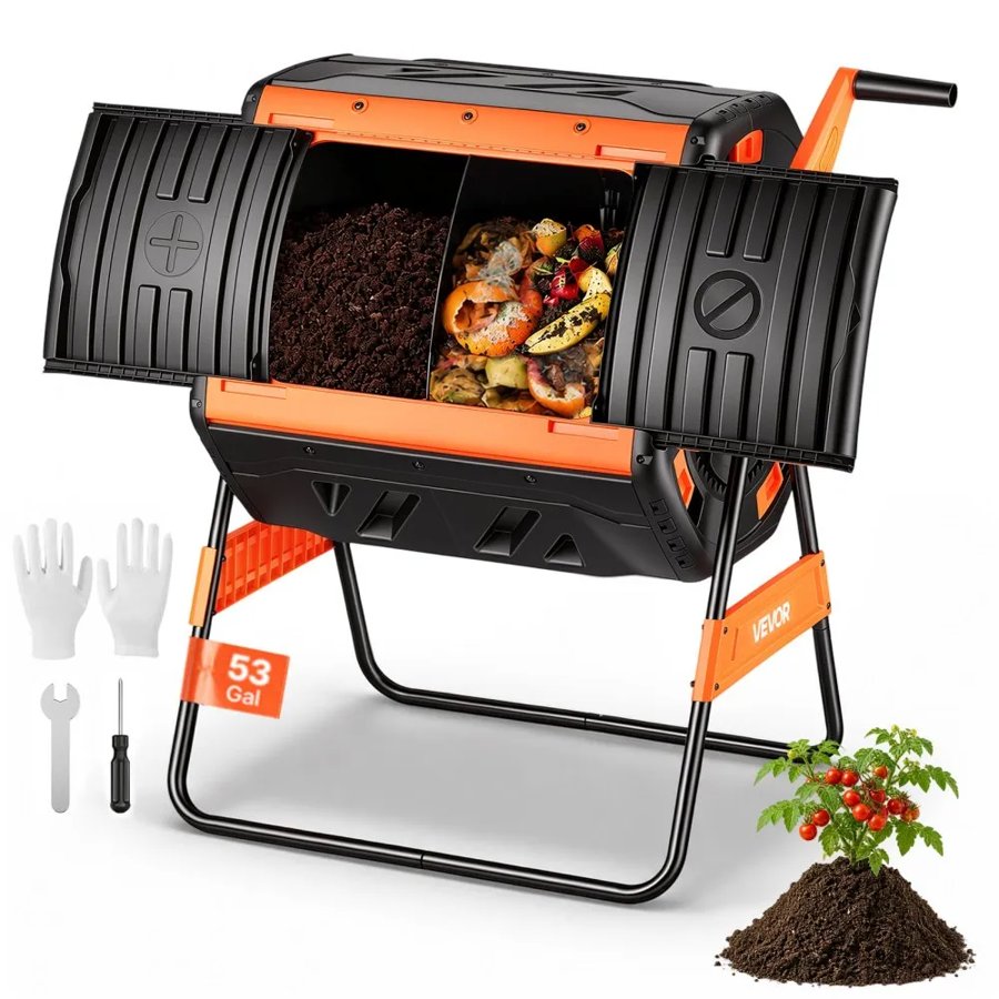 VEVOR Compost Tumbler, 200L Dual Chamber Outdoor Tumbling Composter with 2 Sliding Doors and Aeration System, Large Easy-Turn Fast Rotating Composting Bin for Outside, Garden, Kitchen, and Yard Waste
