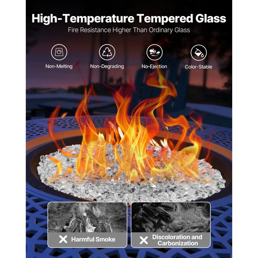 VEVOR Fire Glass, 10 LBS / 4.5 KG High-Temperature Resistant Fireplace Rocks, 1/2-Inch / 12.7 mm Reflective & Smokeless Firepit Glass Rock, High Luster Stone Landscaping for Fire Pit Table, Clear