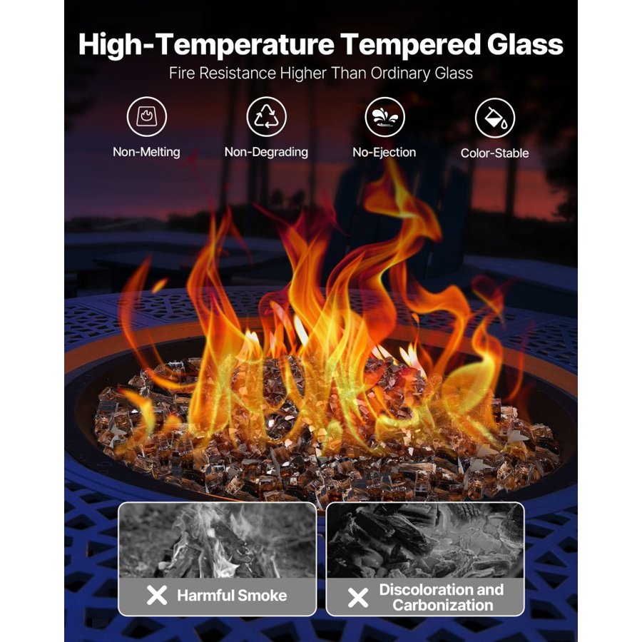 VEVOR Fire Glass, 10 LBS / 4.5 KG High-Temperature Resistant Fireplace Rocks, 1/2-Inch / 12.7 mm Reflective & Smokeless Firepit Glass Rock, High Luster Stone Landscaping for Fire Pit Table, Copper