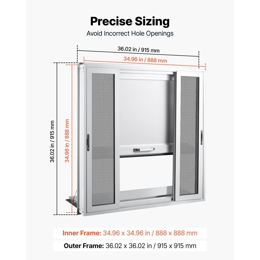VEVOR Concession Window Folding Shelf 915x915mm Aluminum Alloy Service Window, for Food Truck, Up to 85 Degrees, w/ 4 Sliding Screen Windows, Awning Door and Drag Hook, Rainwater Resistant