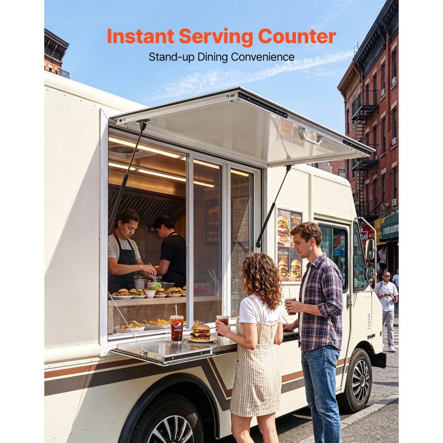 VEVOR Concession Window Folding Shelf 915x915mm Aluminum Alloy Service Window, for Food Truck, Up to 85 Degrees, w/ 4 Sliding Screen Windows, Awning Door and Drag Hook, Rainwater Resistant