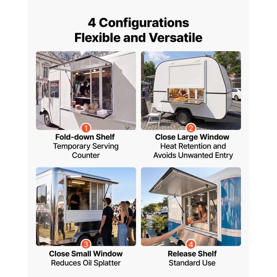 VEVOR Concession Window Folding Shelf 915x915mm Aluminum Alloy Service Window, for Food Truck, Up to 85 Degrees, w/ 4 Sliding Screen Windows, Awning Door and Drag Hook, Rainwater Resistant
