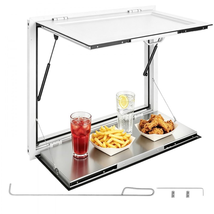 VEVOR Concession Window Folding Shelf 915x915mm Aluminum Alloy Service Window, for Food Truck, Up to 85 Degrees, w/ Awning Door and Drag Hook, Rainwater Resistant