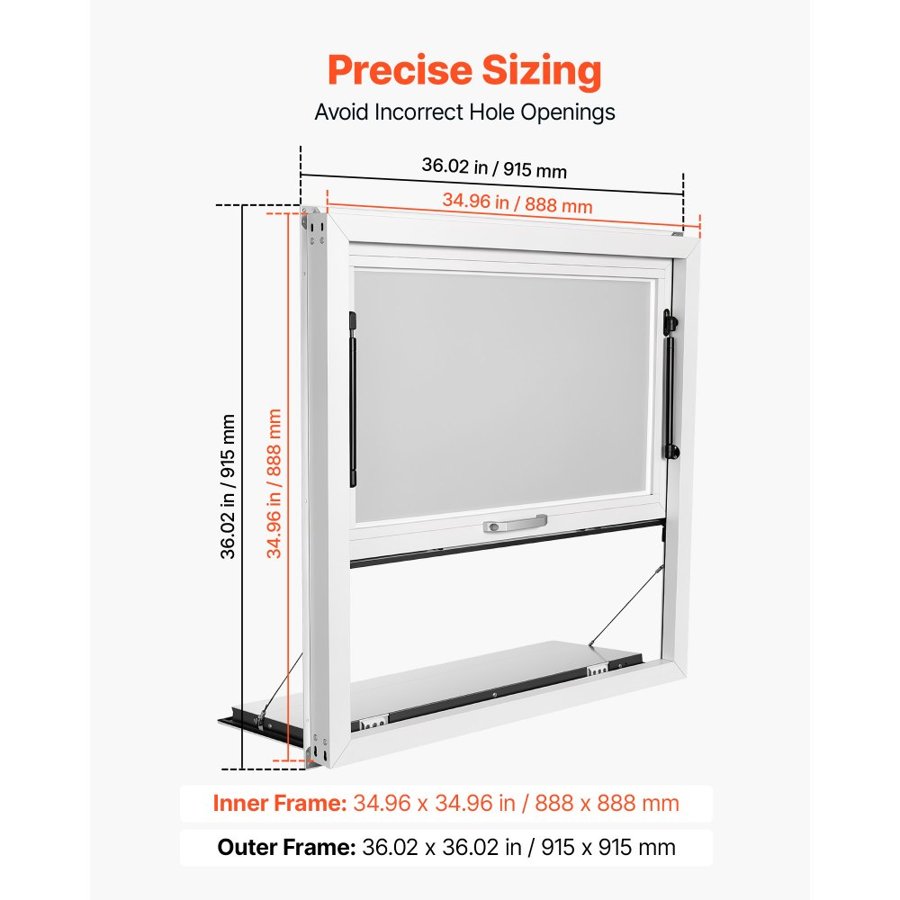 VEVOR Concession Window Folding Shelf 915x915mm Aluminum Alloy Service Window, for Food Truck, Up to 85 Degrees, w/ Awning Door and Drag Hook, Rainwater Resistant