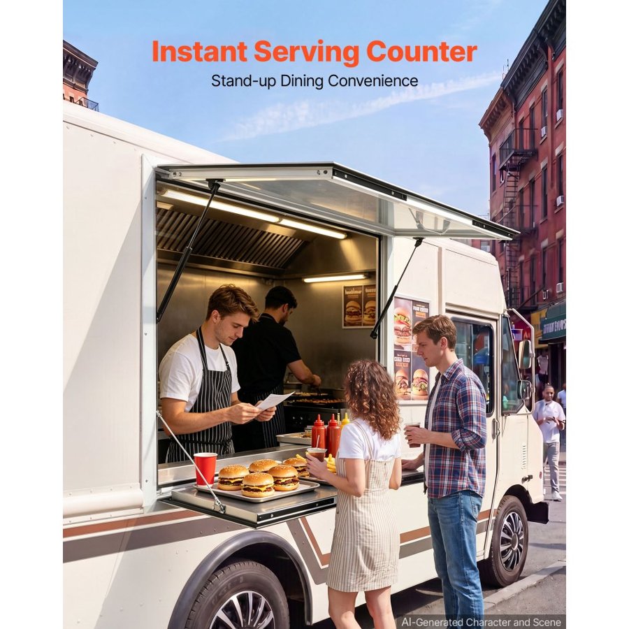 VEVOR Concession Window Folding Shelf 915x915mm Aluminum Alloy Service Window, for Food Truck, Up to 85 Degrees, w/ Awning Door and Drag Hook, Rainwater Resistant