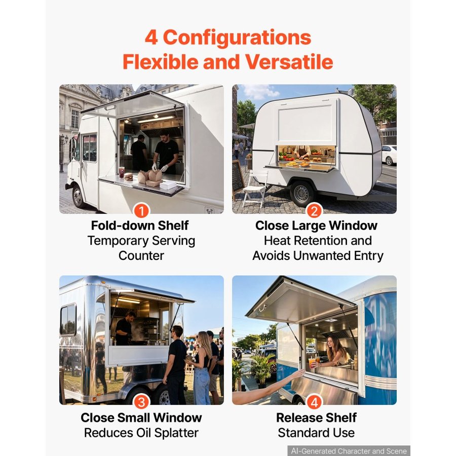 VEVOR Concession Window Folding Shelf 915x915mm Aluminum Alloy Service Window, for Food Truck, Up to 85 Degrees, w/ Awning Door and Drag Hook, Rainwater Resistant