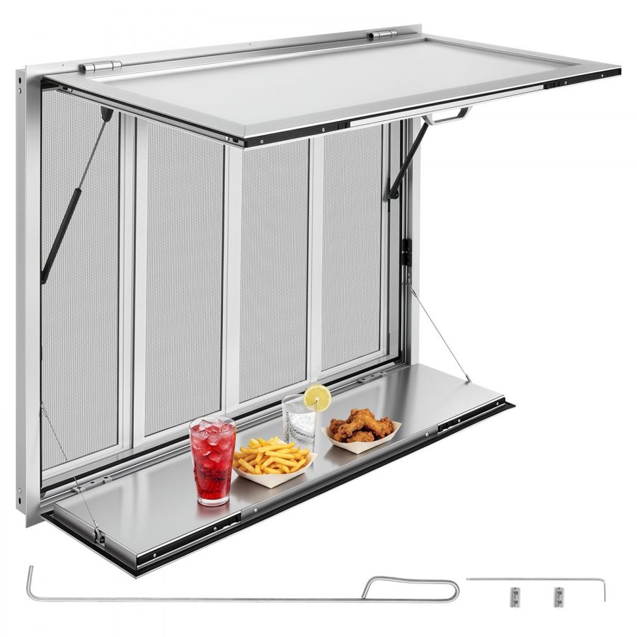 VEVOR Concession Window Folding Shelf 1220x915mm Aluminum Alloy Service Window, for Food Truck, Up to 85 Degrees, w/ 4 Sliding Screen Windows, Awning Door and Drag Hook, Rainwater Resistant
