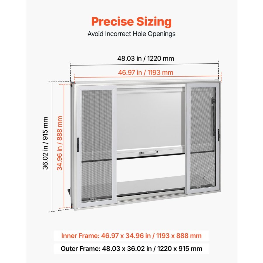 VEVOR Concession Window Folding Shelf 1220x915mm Aluminum Alloy Service Window, for Food Truck, Up to 85 Degrees, w/ 4 Sliding Screen Windows, Awning Door and Drag Hook, Rainwater Resistant
