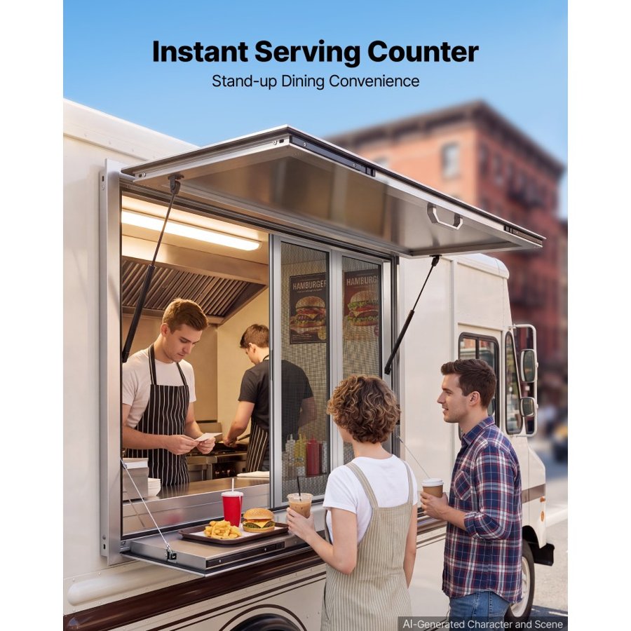 VEVOR Concession Window Folding Shelf 1220x915mm Aluminum Alloy Service Window, for Food Truck, Up to 85 Degrees, w/ 4 Sliding Screen Windows, Awning Door and Drag Hook, Rainwater Resistant