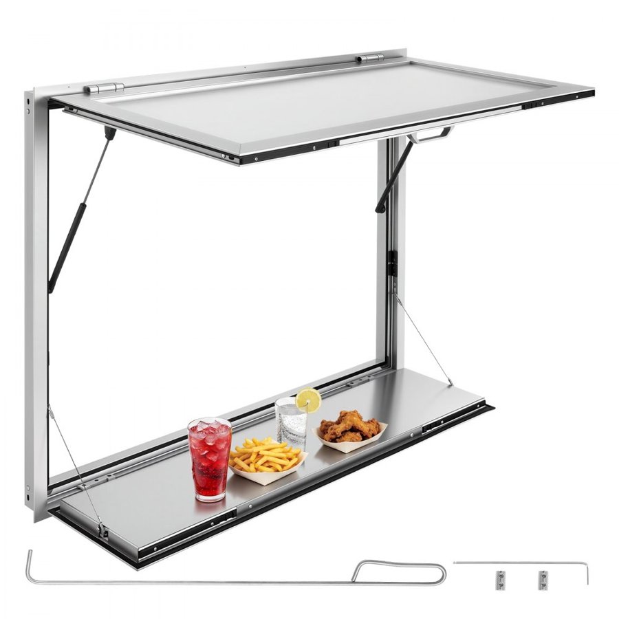 VEVOR Concession Window Folding Shelf 1220x915mm Aluminum Alloy Service Window, for Food Truck, Up to 85 Degrees, w/ Awning Door and Drag Hook, Rainwater Resistant