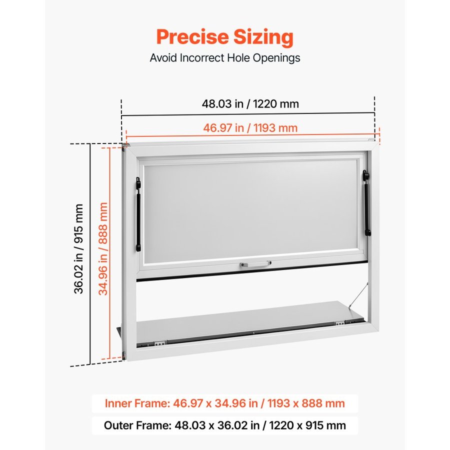 VEVOR Concession Window Folding Shelf 1220x915mm Aluminum Alloy Service Window, for Food Truck, Up to 85 Degrees, w/ Awning Door and Drag Hook, Rainwater Resistant