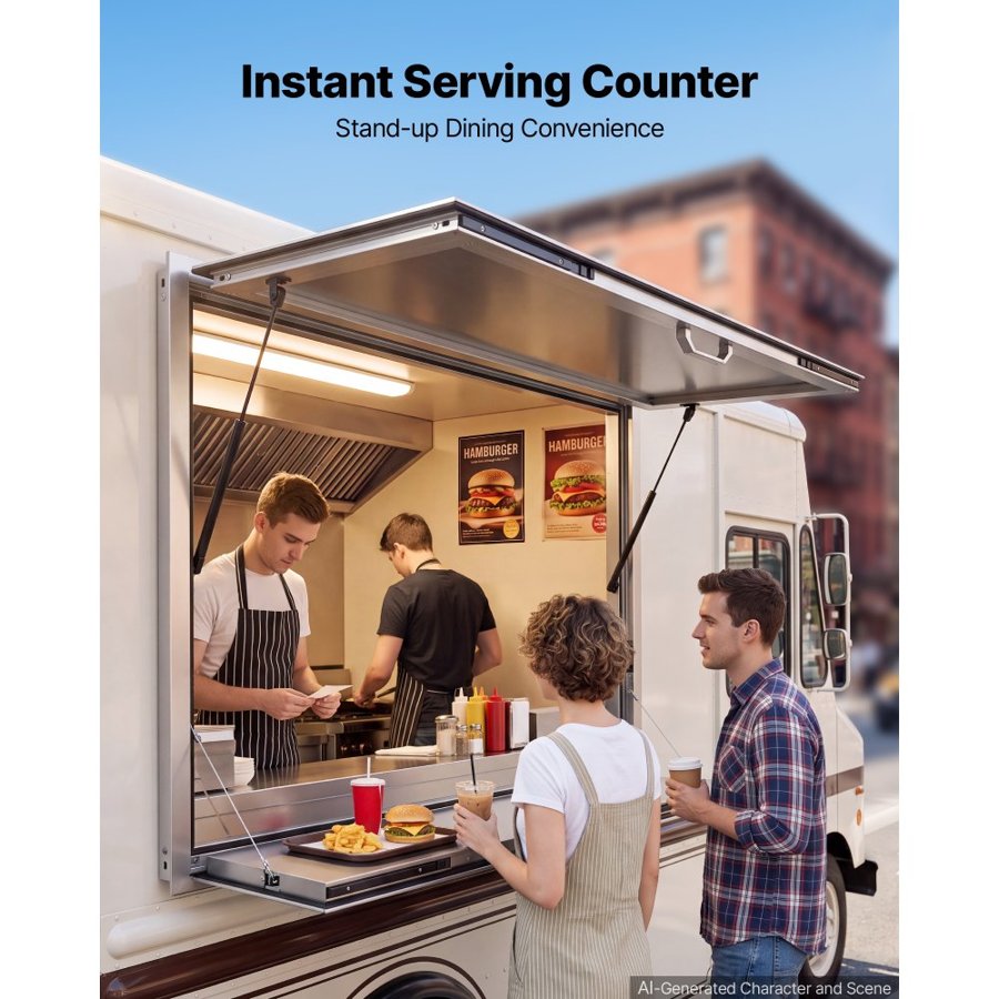 VEVOR Concession Window Folding Shelf 1220x915mm Aluminum Alloy Service Window, for Food Truck, Up to 85 Degrees, w/ Awning Door and Drag Hook, Rainwater Resistant