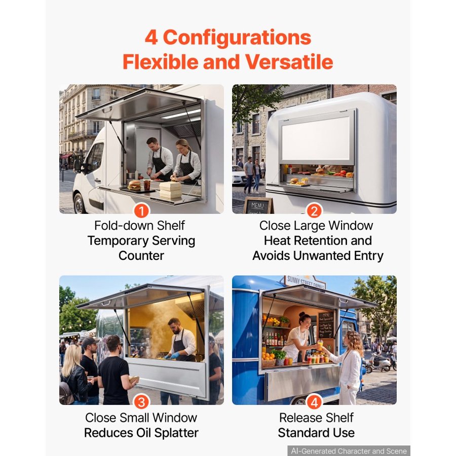 VEVOR Concession Window Folding Shelf 1220x915mm Aluminum Alloy Service Window, for Food Truck, Up to 85 Degrees, w/ Awning Door and Drag Hook, Rainwater Resistant