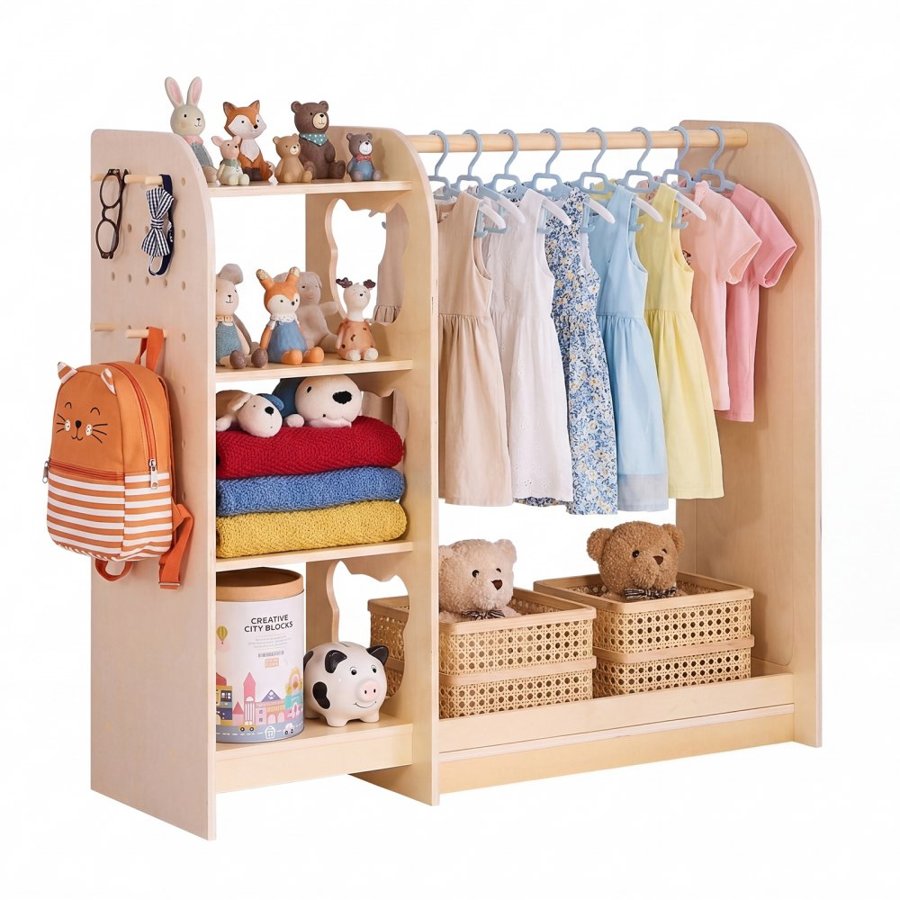 VEVOR Kids Dress Up Storage, with Mirror, Wooden Kids Dress Up Rack, Toddler Wardrobe Closet for Little Girls, Storage Armoire, Costume Organizer, Children Playroom Furniture, for Bedroom, Natural