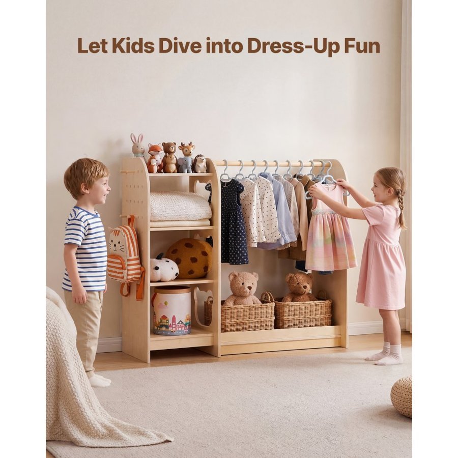 VEVOR Kids Dress Up Storage, with Mirror, Wooden Kids Dress Up Rack, Toddler Wardrobe Closet for Little Girls, Storage Armoire, Costume Organizer, Children Playroom Furniture, for Bedroom, Natural