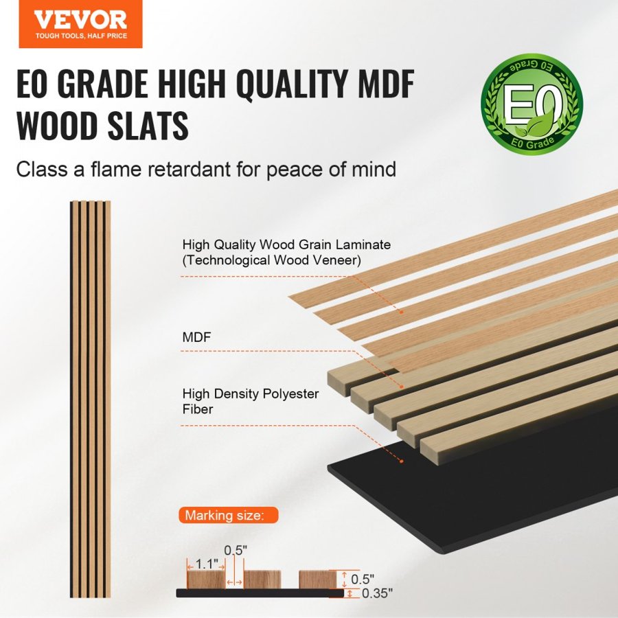 VEVOR Wood Slat Acoustic Panels, 7.9 x 94.5 inch, MDF Accent Wooden Wall Panels for Modern Interior Wall Decor, Faux Wood Wall Board Panels for Noise Reduction, Light Oak