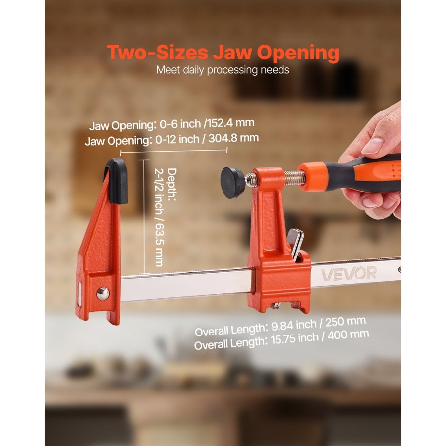 VEVOR Bar Clamps for Woodworking, 2-Pack 15.24 cm and 2-Pack 30.48 cm, Lockable F-Clamp with 272 kg Load Limit, 63.5 mm Depth, Cast Iron and Carbon Steel, Wood Clamps for Woodworking Metal Working