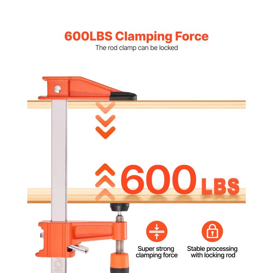 VEVOR Bar Clamps for Woodworking, 2-Pack 61 cm Opening, Lockable F-Clamp with 272 kg Load Limit, 63.5 mm Depth, Cast Iron and Carbon Steel, Easy to Use, Wood Clamps for Woodworking Metal Working