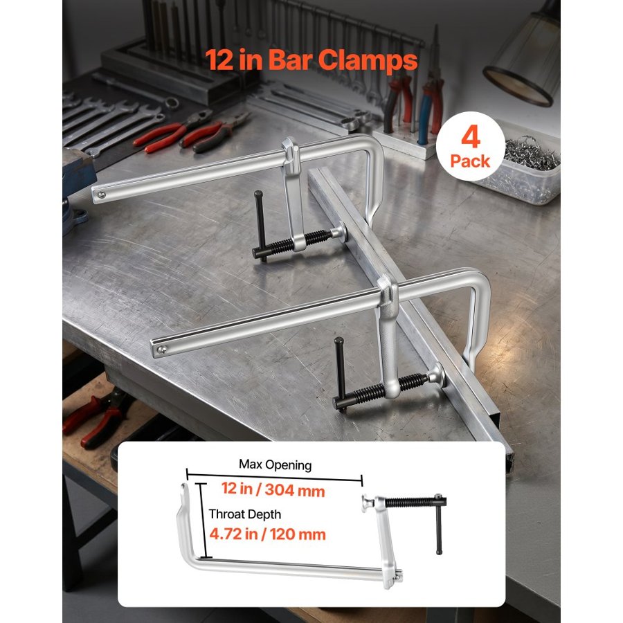 VEVOR Bar Clamps for Woodworking, 4-Pack, 30.48 cm Opening, 12 cm Throat Depth, 545 kg Load Limit, Sturdy Steel Forging and Casting, with Swivel Jaw and T-Handle, for Wood Working and Metal Working