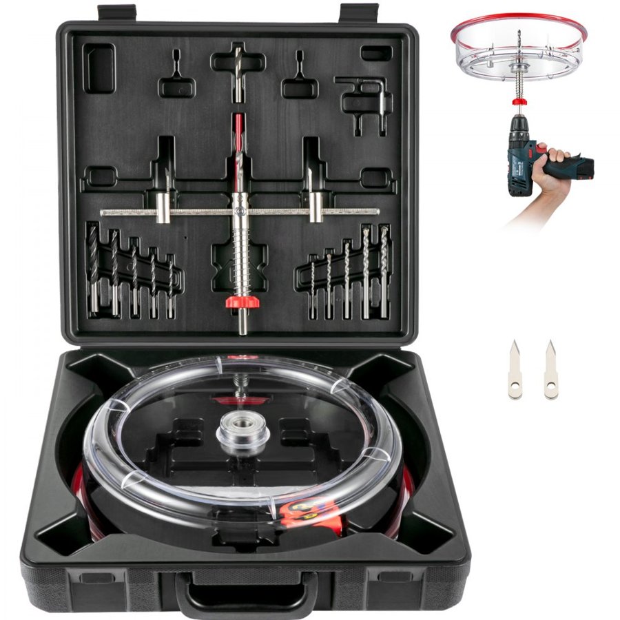 VEVOR Adjustable Hole Saw Cutter Kit, 1-5/8" to 11-13 /16" (40-300 mm), Recessed Hole Saw with PC Dust Shield, Two Replaceable Pilot Drill Bits, for Recessed Lights, Ceiling Speakers, Vent Holes