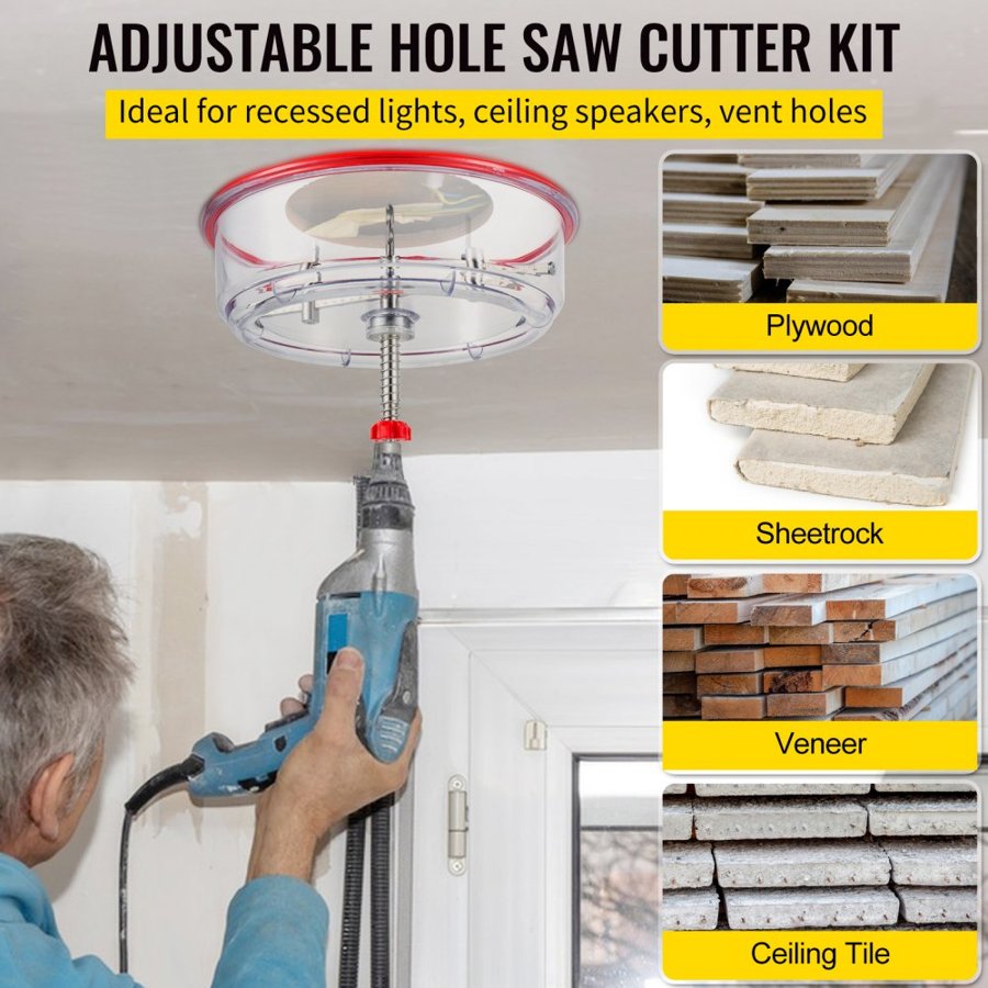 VEVOR Adjustable Hole Saw Cutter Kit, 1-5/8" to 8" (40-200 mm), Twin Blade Recessed Hole Saw with PC Dust Shield, Two Replaceable Pilot Drill Bits, for Recessed Lights, Ceiling Speakers, Vent Holes