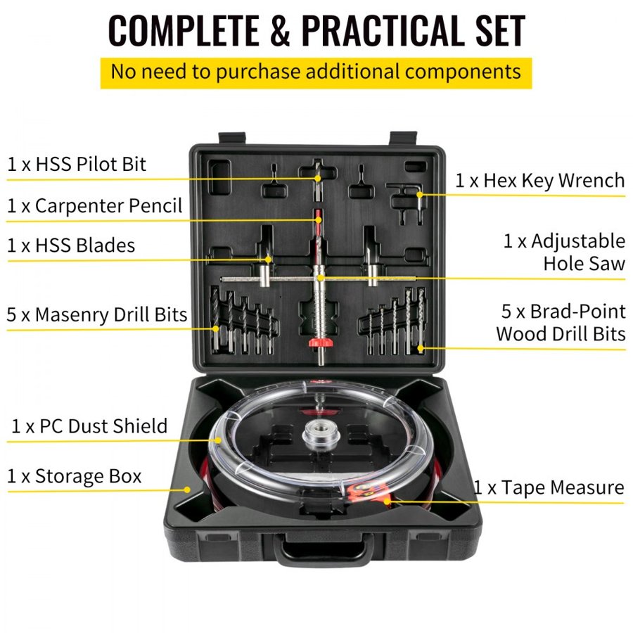 VEVOR Adjustable Hole Saw Cutter Kit, 1-5/8" to 8" (40-200 mm), Twin Blade Recessed Hole Saw with PC Dust Shield, Two Replaceable Pilot Drill Bits, for Recessed Lights, Ceiling Speakers, Vent Holes