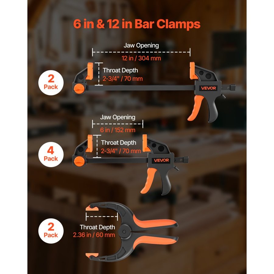 VEVOR Woodworking Bar Clamps – 8-Pack, 15.24/30.48 cm, 70 kg