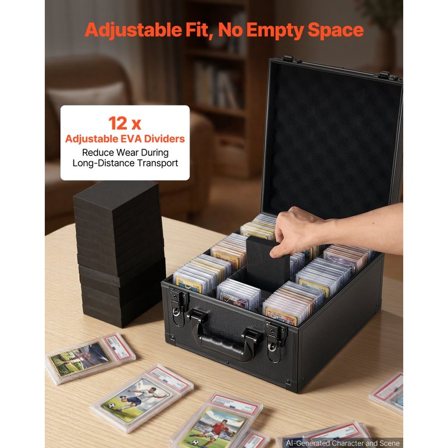 VEVOR Graded Card Case 3 Row 150 PSA Slab Storage Box with Secure Lock, Baseball Sports Trading Cards Holder Collector with 12 Dividers, Key, Holds 100 SGC 80 BGS 500 Top Loaders & 999+ Loose Cards