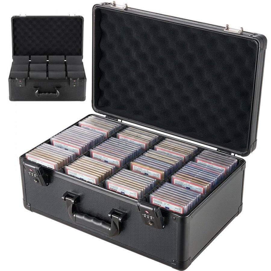 VEVOR Graded Card Case 4 Row 152 PSA Slab Storage Box TSA Approved Lock, Baseball Sports Trading Cards Holder Collector, with 12 Dividers, Holds 120 SGC 100 BGS 550 Top Loaders & 999+ Loose Cards