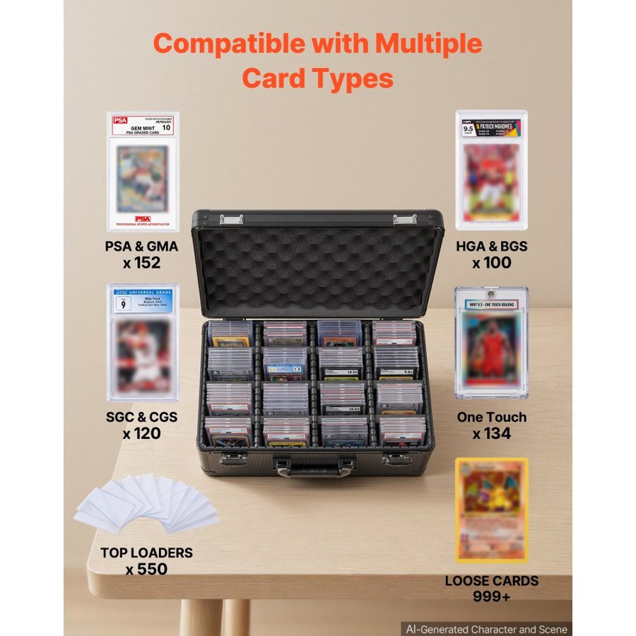 VEVOR Graded Card Case 4 Row 152 PSA Slab Storage Box TSA Approved Lock, Baseball Sports Trading Cards Holder Collector, with 12 Dividers, Holds 120 SGC 100 BGS 550 Top Loaders & 999+ Loose Cards