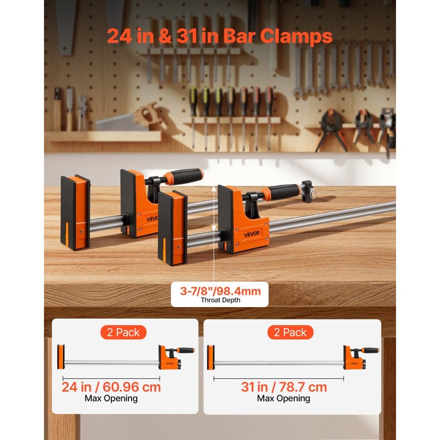 VEVOR Bar Clamps for Woodworking, 4-Pack, 60.96 cm and 78.7 cm F Clamps, 500 kg Load Limit, Clamp/Spreader 2 Modes, Soft Rubber Pads, Ergonomic Handle, Carbon Steel Bar, for Wood Working Metal Working