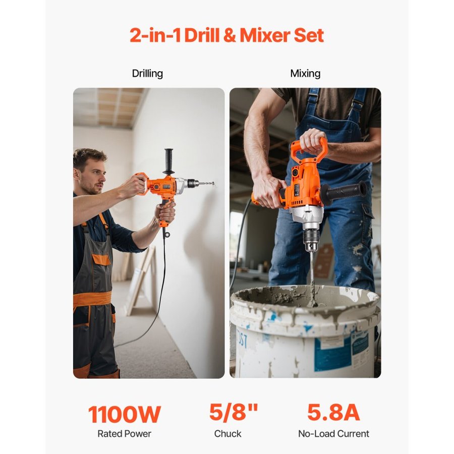 VEVOR Drill Mixer, 15.89mm Corded Electric Drill Mixer Set, 0-850RPM 3.2A Mixing Drills, Mixing Drills Machine with D-Handle for Drilling & Blending, Handheld Cement Mixers for Fodder, Paint, Cement