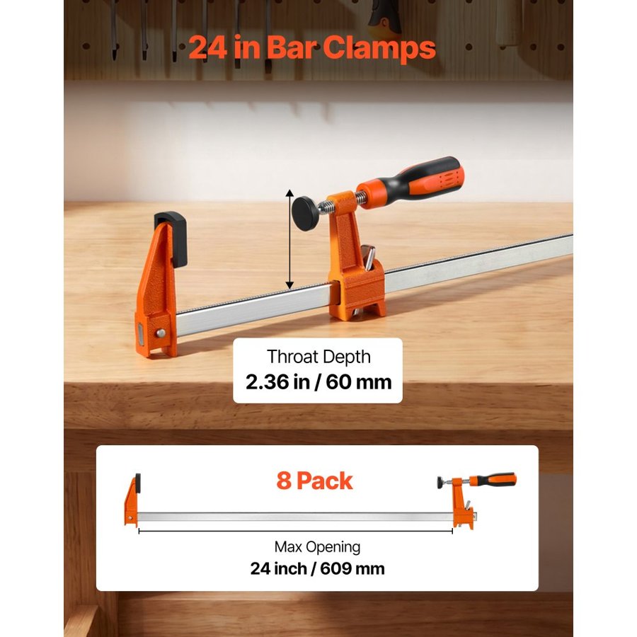 VEVOR Bar Clamps for Woodworking, 8-Pack, 60.96 cm Opening F Clamps, 272 kg Load Limit, with Plastic Pad and Self-Locking Design, Premium Cast Iron and Carbon Steel, for Wood Working and Metal Working