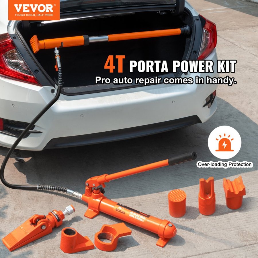 VEVOR 4 Ton Porta Power Kit, Portable Hydraulic Jack with 3.9 ft/1.2 m Oil Hose, Auto Body Frame Repair Kit with Storage Case for Car Repair, Truck, Farm (8800 LBS)