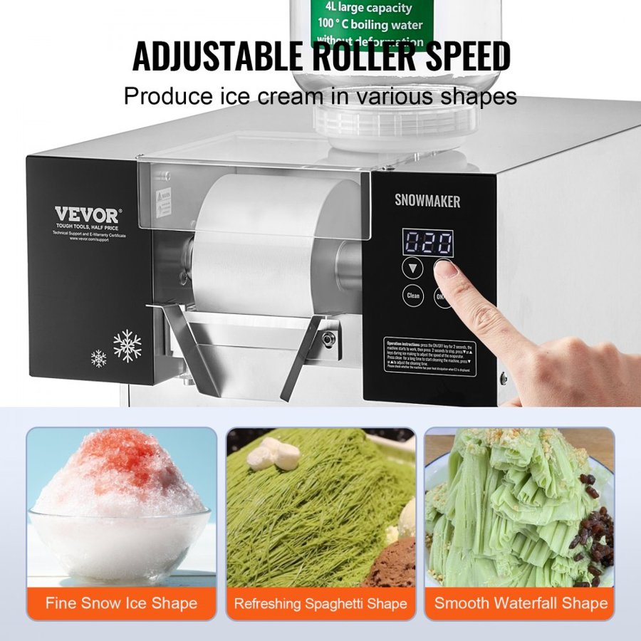 VEVOR Commercial Snowflake Ice Machine, 397LBS/24H Snowflake Ice Maker, Stainless Steel Ice Shaver Machine, Electric Snow Cone Maker, Air Cooling System for Rapid Heat Dissipation, for Bakery, Cafe