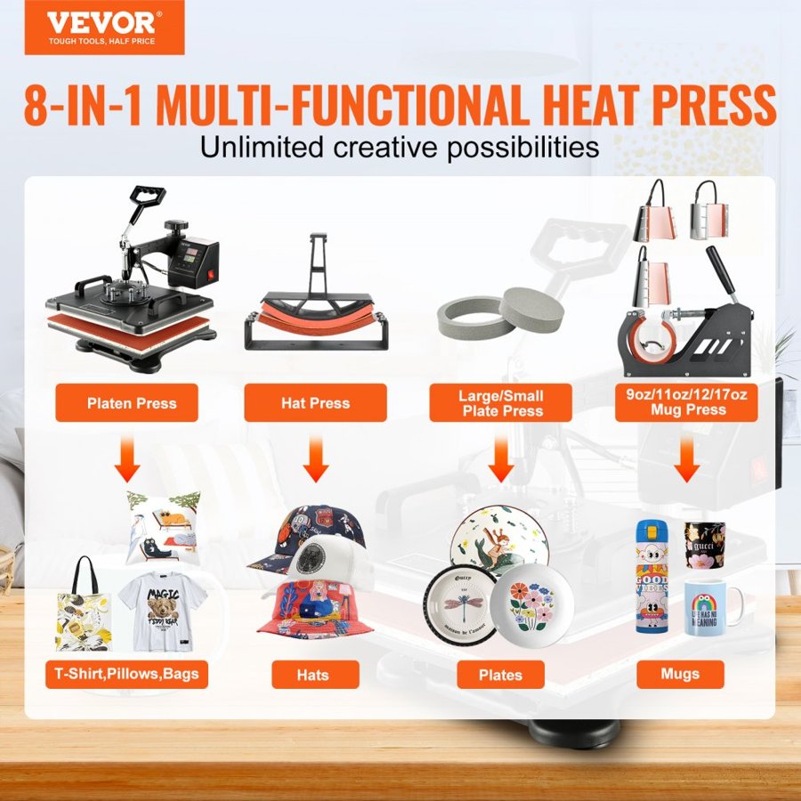 VEVOR 8-in-1 Digital Heat Press Machine – Versatile Transfer