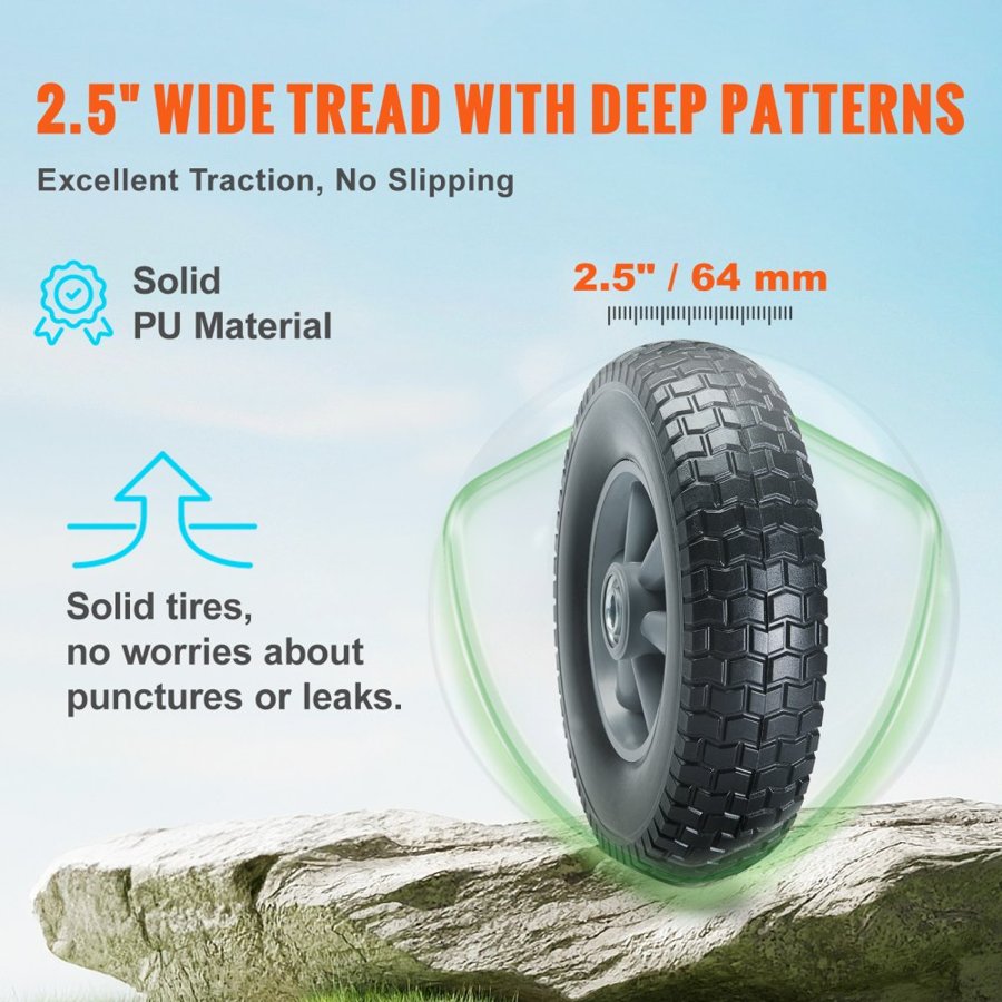 VEVOR Solid PU Run-Flat Tire Wheel, 25.4 cm, 2-Pack, 81.6 kg Dynamic Load, 99.8 kg Static Load, Flat Free Tubeless Tires and Wheels for Hand Truck, Utility Cart, Dollies, Garden Trailers, Various Carts