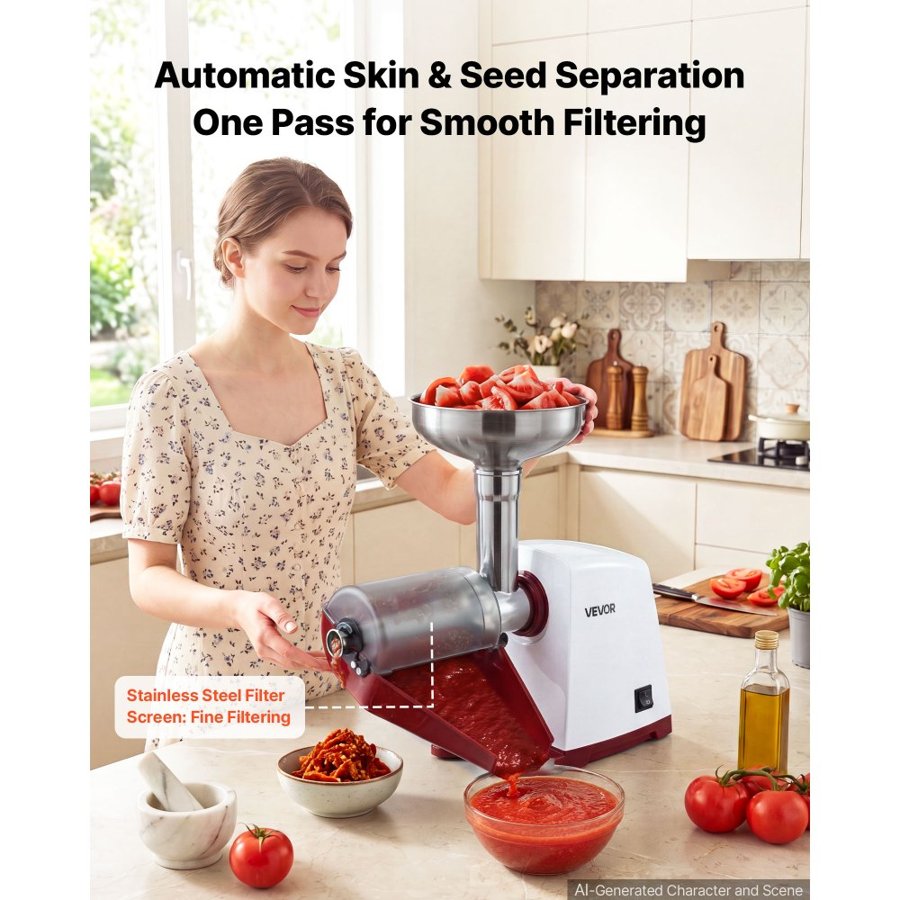 VEVOR Electric Tomato Strainer 800W Max (Rated Power: 150W) Sauce Maker, 40 kg/H For Purees, Strawberry, Salsa, Stainless Steel Tomato Food Mill Press Machine, 1mm, 1.5mm, 3mm & 6mm Screens, White