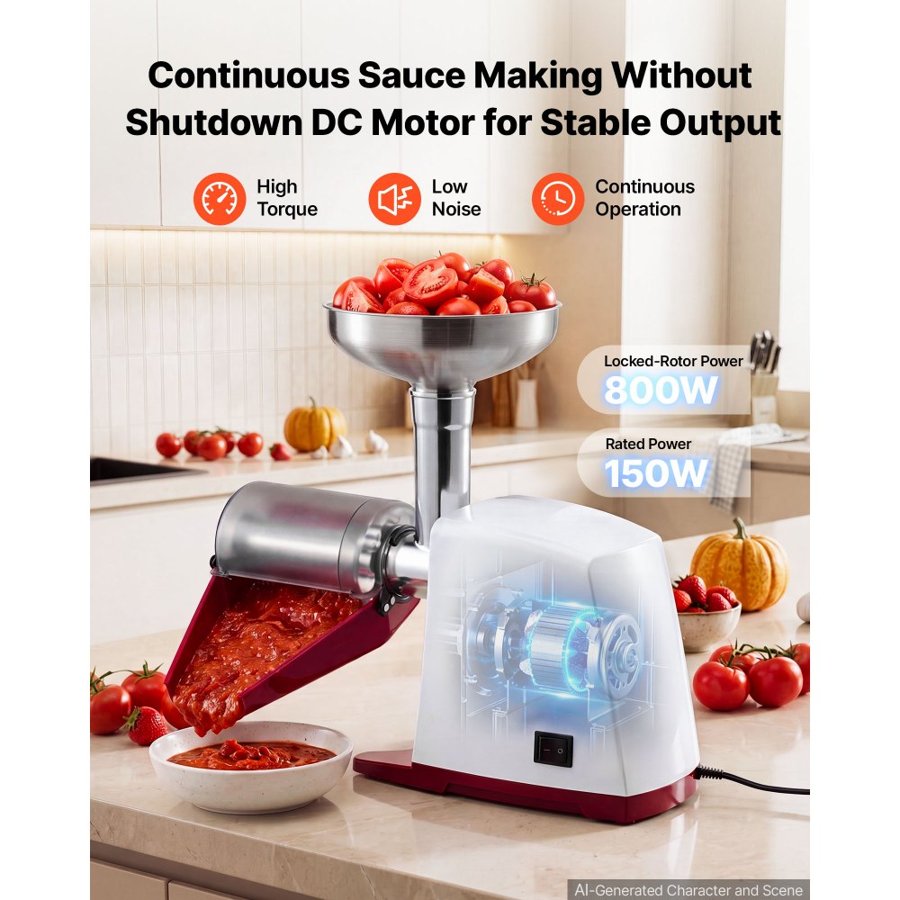 VEVOR Electric Tomato Strainer 800W Max (Rated Power: 150W) Sauce Maker, 40 kg/H For Purees, Strawberry, Salsa, Stainless Steel Tomato Food Mill Press Machine, 1mm, 1.5mm, 3mm & 6mm Screens, White