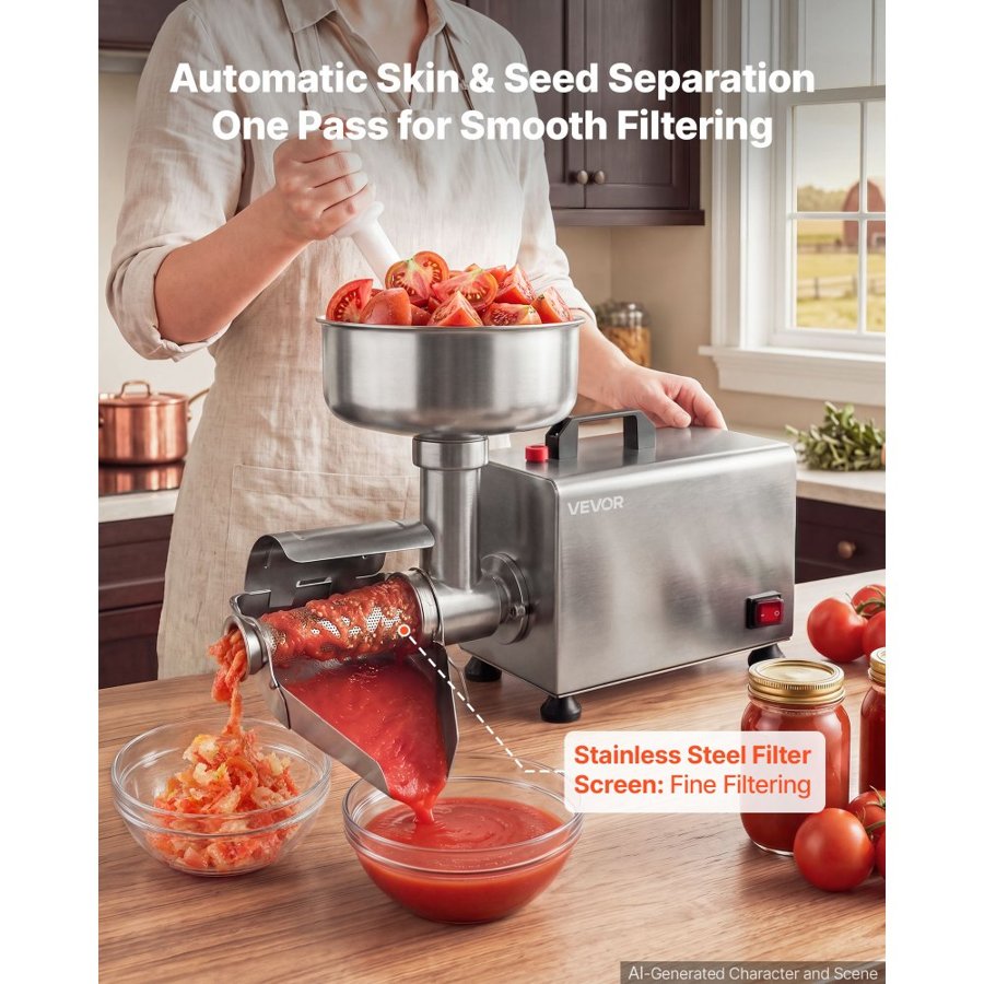 VEVOR Electric Tomato Strainer 250W Food Mill and Sauce Maker 90 kg/H, Commercial Grade For Apple Sauce, Strawberry and Blueberry Jam, Stainless Steel Tomato Milling Press Machine, Large Hopper